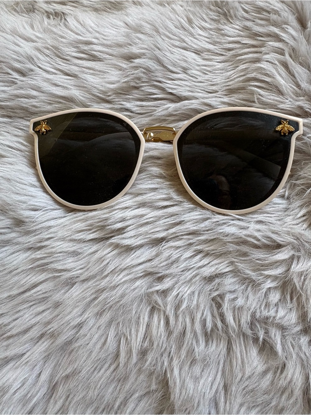 Women’s Cat-Eye Sunglasses with Gold Bee Accent - White Frame, Black Lenses